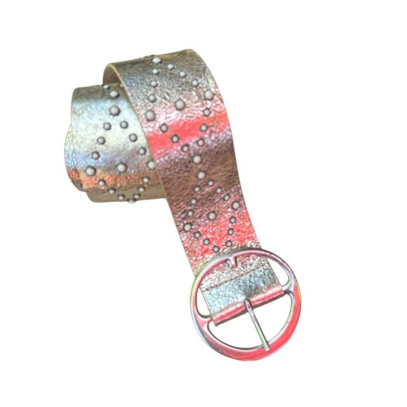 Another Line Inc. Metallic Gold Italian Leather Studded Wide Belt Side Large - Picture 4 of 7